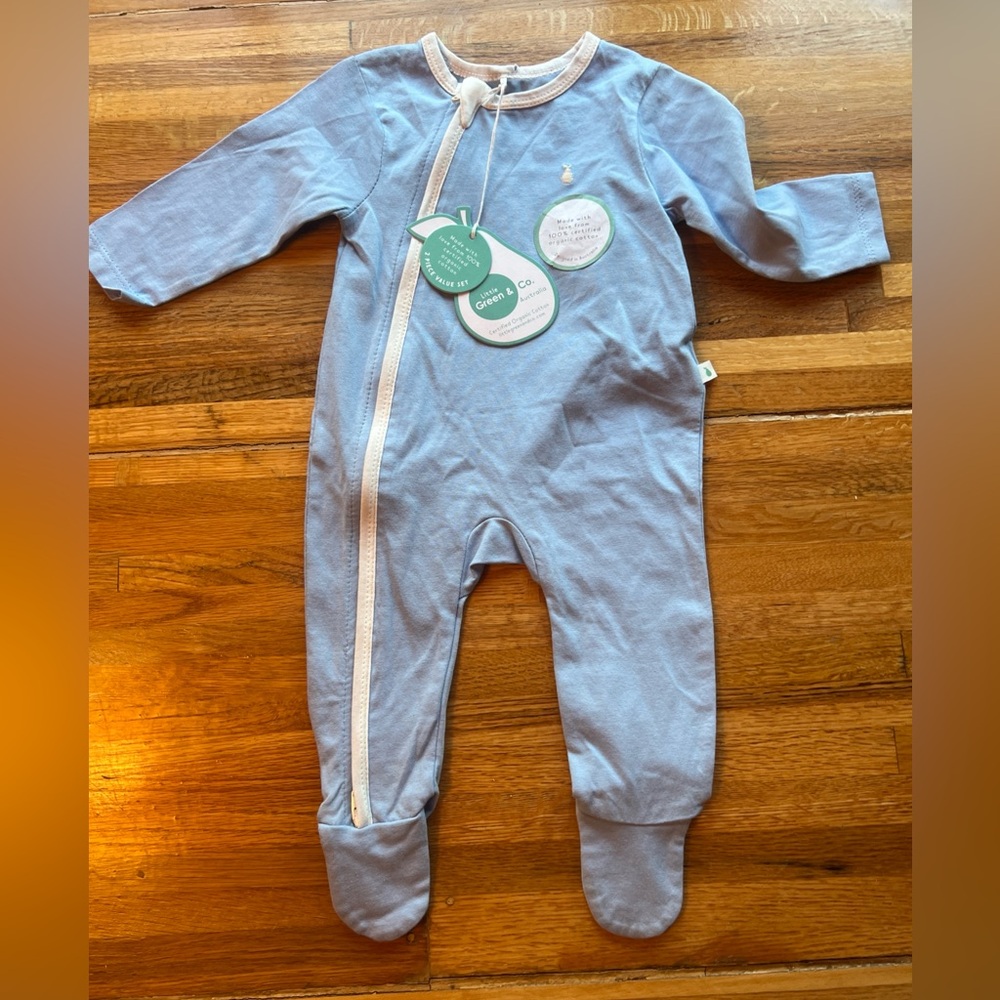 Little Green & Co Core Jersey Comfort Suit 3-6 M New Blue Baby Sleeper Pajama Zi